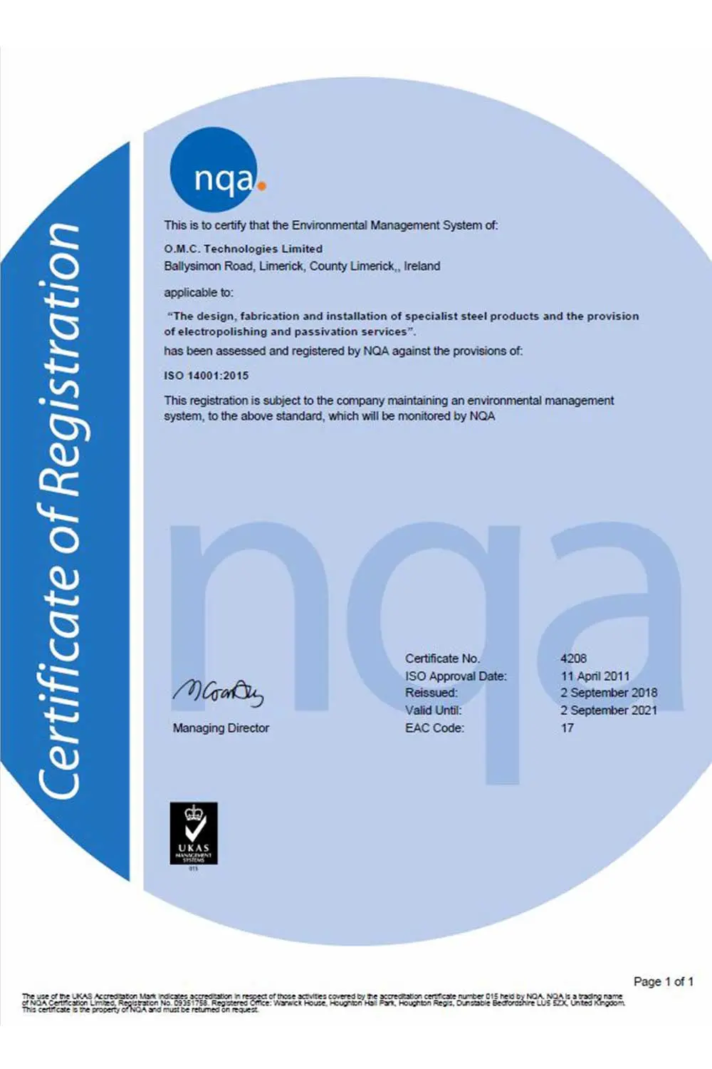 OMC Technologies - ISO 14001 Cert
